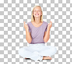 Nervous woman, hands or fingers crossed for hope, good luck or wish marketing space or mockup. Beautiful model, hand gesture or anxiety on white mock up backdrop for winner deal isolated on a png background