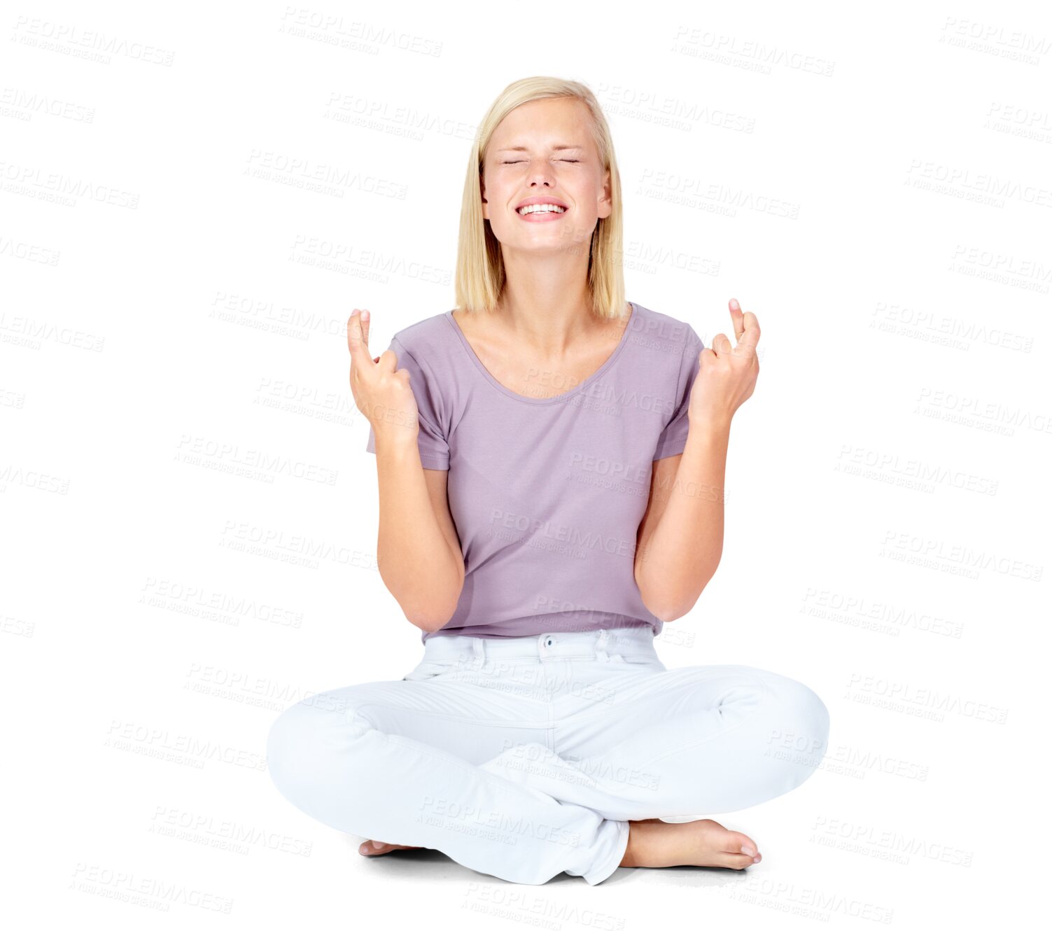 Buy stock photo Fingers crossed, woman and good luck sign on a floor with hope on isolated, transparent and png background. Hand, icon and female with wish, gesture and emoji symbol for optimism while sitting