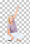 Surprised, shocked and portrait of a woman pointing. Wow, wtf and amazed face of a girl with a hand gesture for disbelief, alert and showing on a backdrop isolated on a png background
