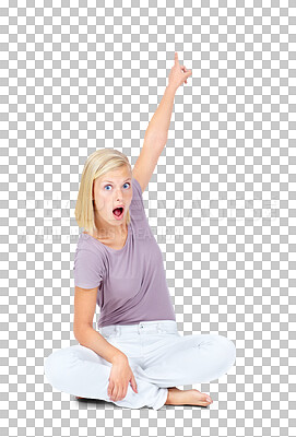 Buy stock photo Wow, portrait and woman pointing on studio floor again isolated, transparent and png background. Announcement, face and surprised female shocked by good news, sale or discount deal with open mouth