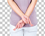 Back, closeup and fingers crossed for hope, woman and waiting for blessing with girl. Zoom, young female and gesture for believe, hands and liar with good luck isolated on a png background