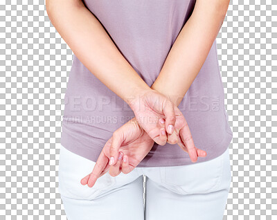 Buy stock photo Luck, fingers crossed and hands of woman with hope on png, isolated and transparent background for waiting. Back, hand gesture and girl with sign for miracle, wishing and lucky for winning prize