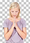 Woman, hope and praying hands in god worship, mental health help or faith routine. Nervous, anxiety or worried model in hope, prayer or wish gesture for good news or luck isolated on a png background
