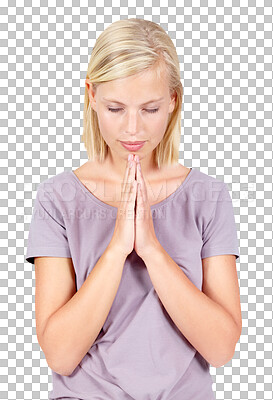 Buy stock photo Woman, hope and praying hands in god worship, mental health help or faith routine. Nervous, anxiety or worried model in hope, prayer or wish gesture for good news or luck isolated on a png background