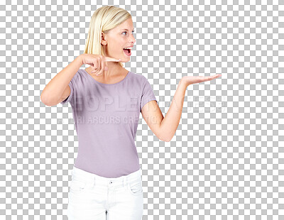 Buy stock photo Announcement, smile or woman pointing in studio on isolated transparent png background. Wow, hands and excited female with offer, good news and message or discount, hand gesture and promotion deal