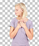 Peace, calm or breathing and a woman with her hands on her chest. Quiet, relax and zen with an attractive young female posing on blank space for wellness isolated on a png background