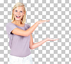 Marketing, product placement and portrait of woman with hands for advertising, branding and logo. Excited, show and girl with hand to market a brand or company with mockup space on a isolated on a png background