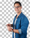 Business man, tech worker tablet and portrait of a digital employee online ready for work. isolated on a png background, smile and happiness of iot and ux planning of a developer model in a studio happy