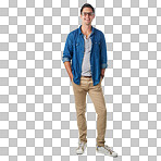 Portrait, fashion and mockup with a casual man in studio isolated on a png background for a clothes brand. Glasses, hands in pockets and clothing with a male posing to promote trendy style