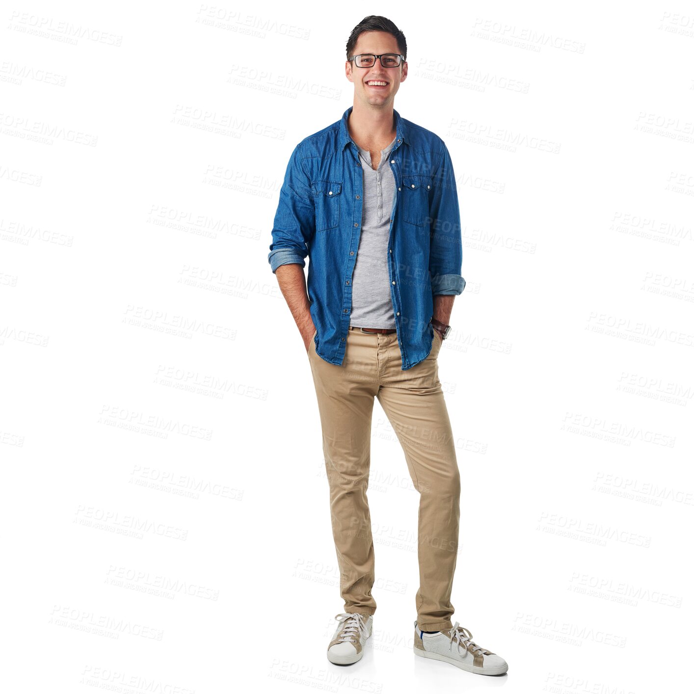 Buy stock photo Happy, smile and portrait of man on png background for fashion, style and casual. Happiness, trendy and cool with male wearing glasses isolated on transparent for trendy, hipster and nerd