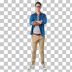 Portrait, fashion and mockup with a man in studio isolated on a png background standing arms crossed. Trendy, casual and mock up with a handsome young male posing on blank space in stylish clothes