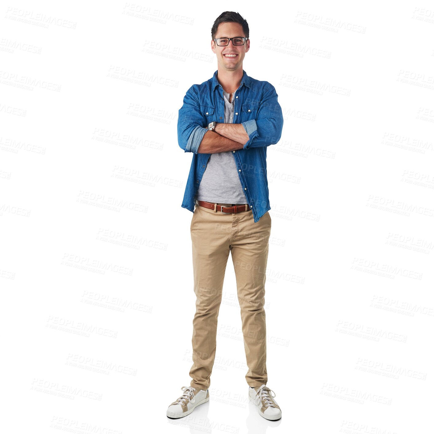 Buy stock photo Happy, arms crossed and portrait of man on png background for fashion, style and casual. Happiness, trendy and cool with male wearing glasses isolated on transparent for trendy, hipster and nerd