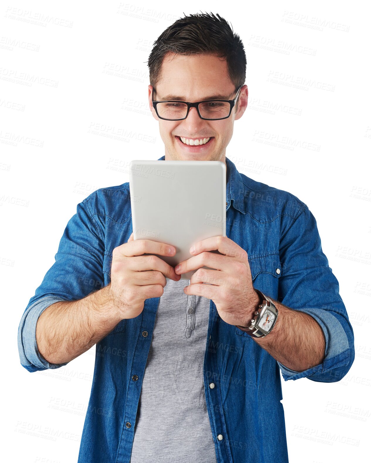 Buy stock photo Man using tablet and smile with internet and digital reading online with happiness. Worker, male model person and happy scroll on social media and tech networking on a transparent, png background