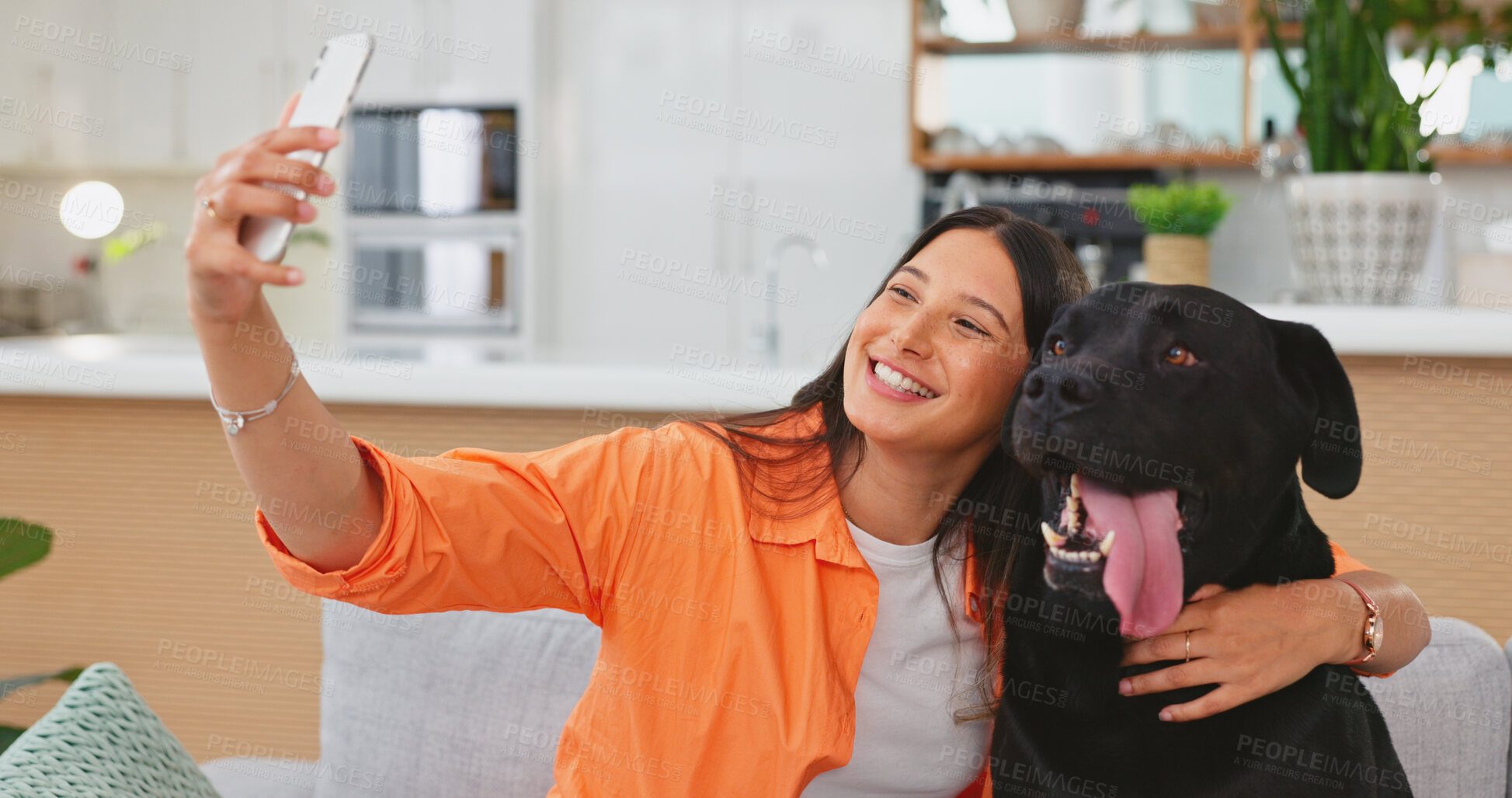 Buy stock photo Happy woman, dog and selfie in home living room on sofa for care, hug and embrace of friends together. Couch, photography and person in lounge with pet animal bonding on social media, smile or relax