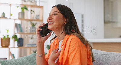 Phone call, couch and woman laughing in online conversation, talking and voip home communication. Happy, funny and casual person on living room sofa chat or discussion on her cellphone or mobile app