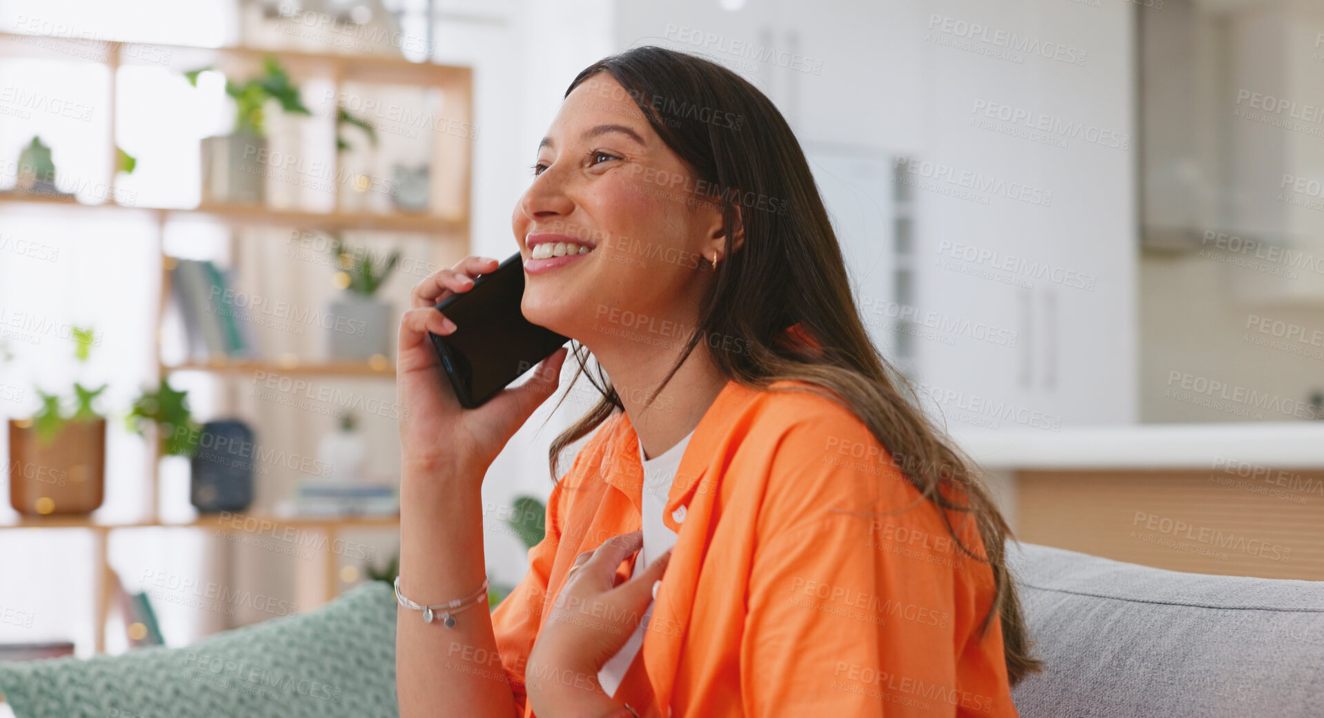 Buy stock photo Woman, relax on sofa with phone call and communication, virtual and mobile conversation while at home. Happy, casual discussion or chat with story, contact and network with technology at apartment