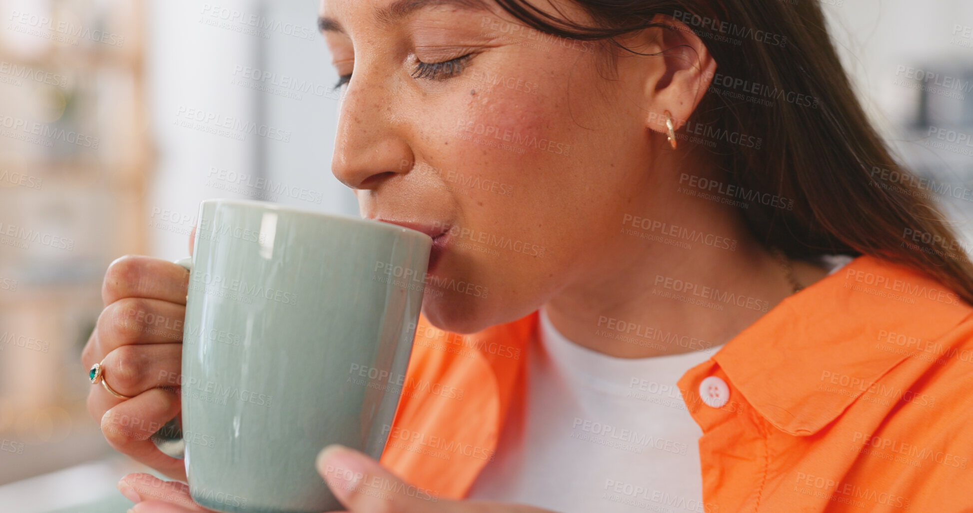 Buy stock photo Relax, thinking and woman with coffee, home and smile on break, fantasy and daydreaming in a living room. Happy person, lounge and girl with tea, espresso and drinking a cappucino in an apartment