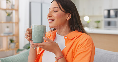 Relax, thinking and happy woman with coffee on break drinking with smile on face with peace and calm. Freedom, happiness and smiling girl enjoying nostalgic memory, aroma and cup at tea time in home.