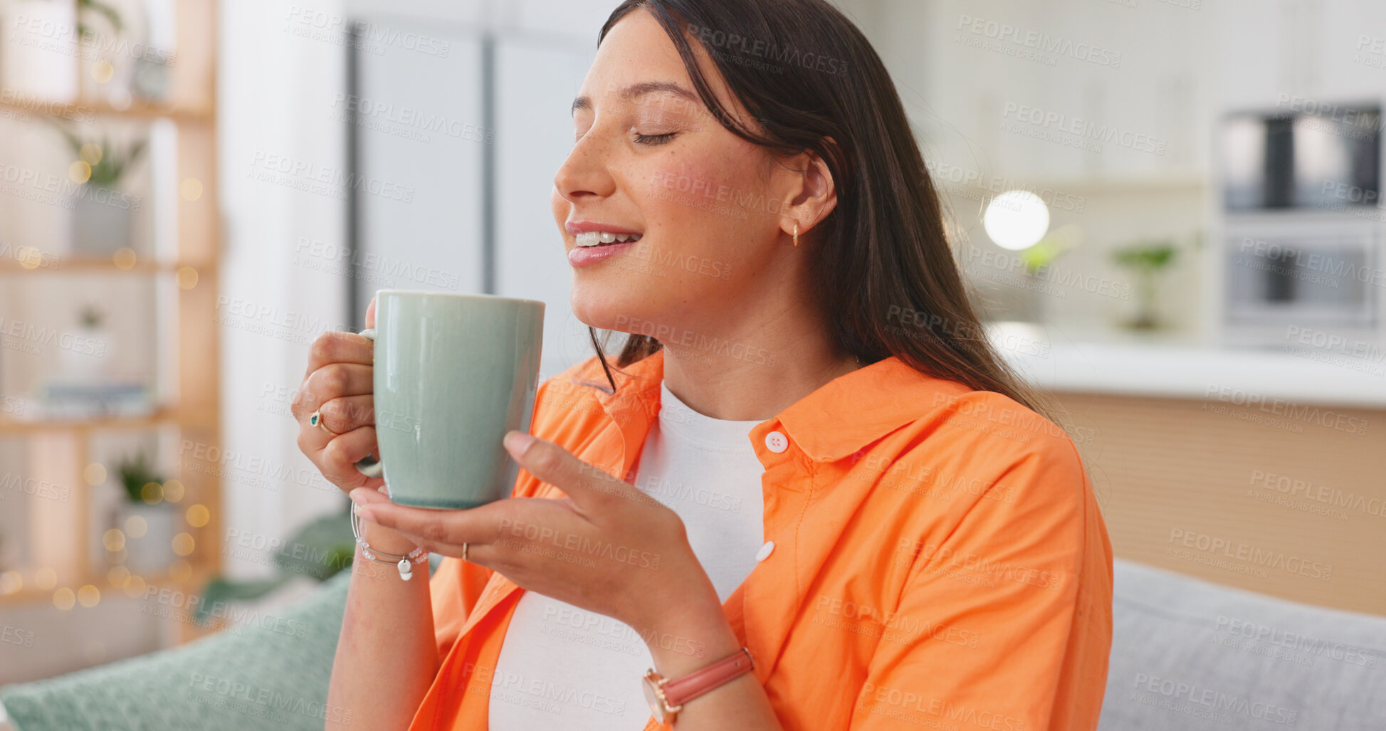 Buy stock photo Happy, smell and woman with coffee cup in home to relax, peace and calm. Tea, aroma and person smile with mug, latte and breathe to enjoy scent of fresh drink, espresso and thinking in living room