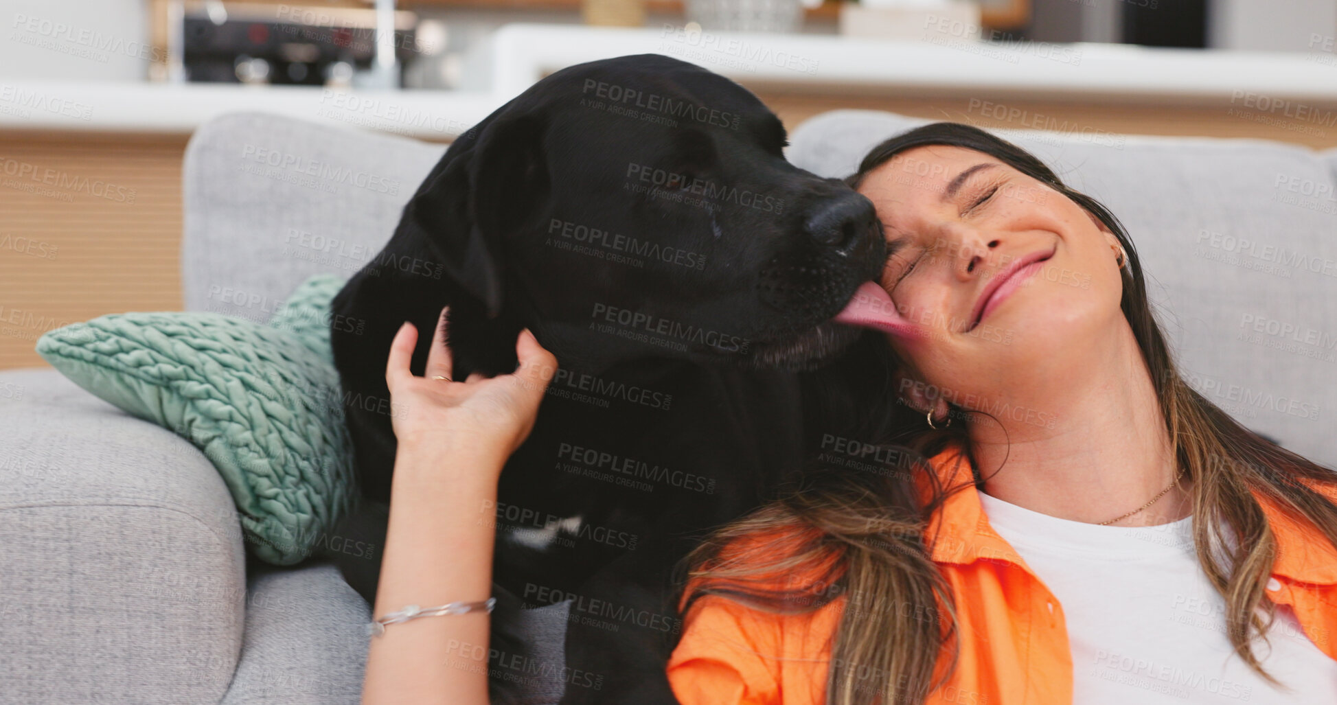 Buy stock photo Couch, dog and woman care for pet in a living room with love for puppy in a house or apartment together with animal. Happy, relax and person enjoy freedom with happiness and bonding in lounge