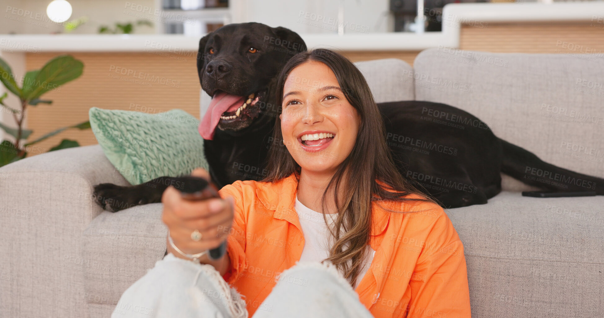 Buy stock photo Woman and dog, smile and changing channels on tv with remote, surfing and streaming for series, movies and entertainment. Happy person and pet, love and loyalty or support, trust and relaxed at home