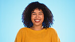 Happy black woman, face and beauty in studio by blue background for fashion, smile and wellness. Young gen z student, portrait and happy with yellow clothes, curly hair afro and confident by backdrop