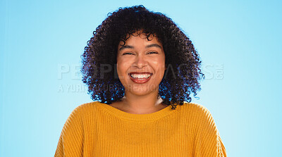 Buy stock photo Face, smile and woman in studio for fashion isolated on a blue background mockup space. Portrait, excited model and confidence of happy person in clothes for style, cool and trendy in South Africa