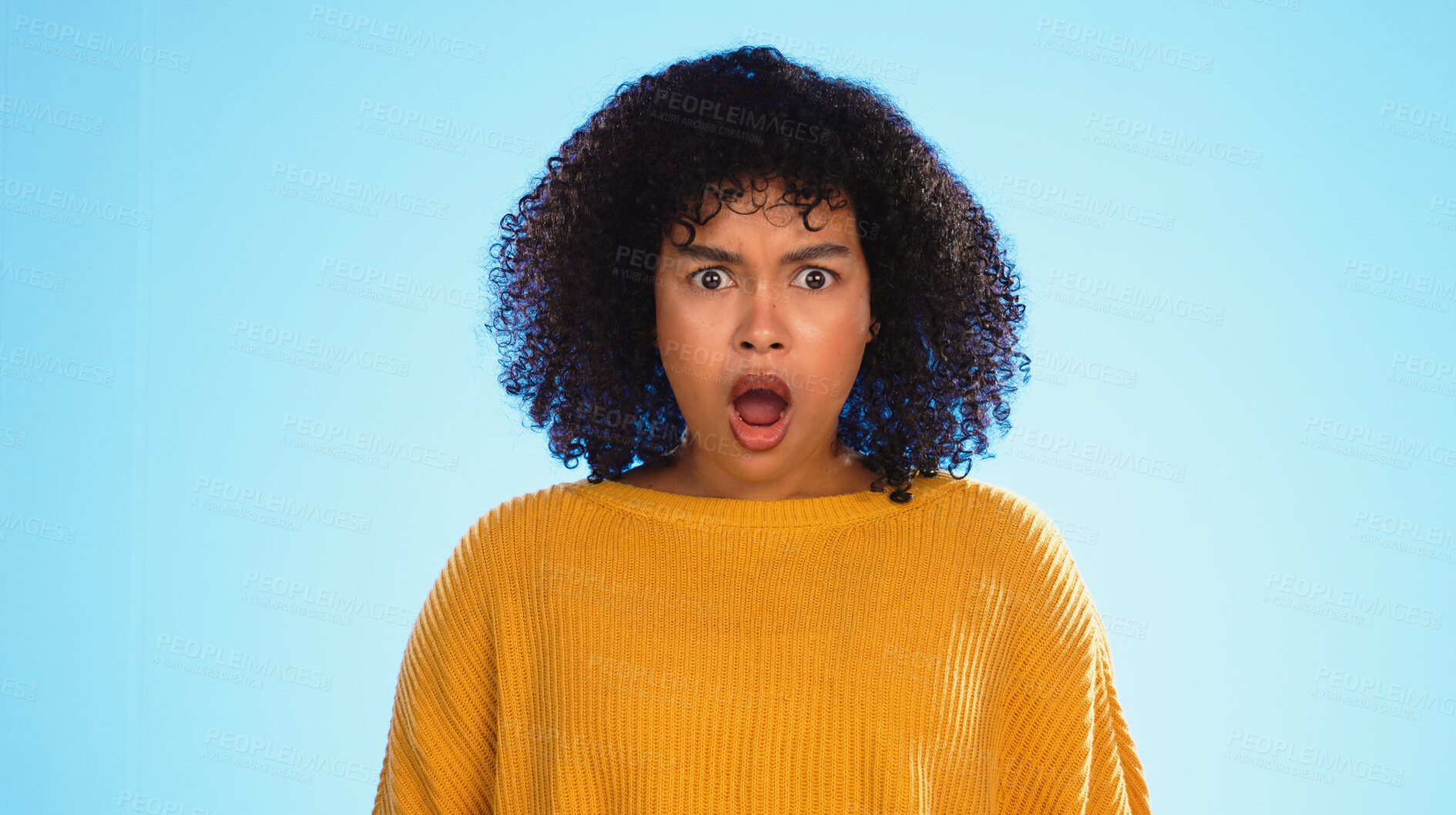 Buy stock photo Woman, surprise or shock with anger in portrait, horror and disaster with announcement on blue background. Wow, mistake or fail with drama, gossip and alarm on face, emoji and secret in studio