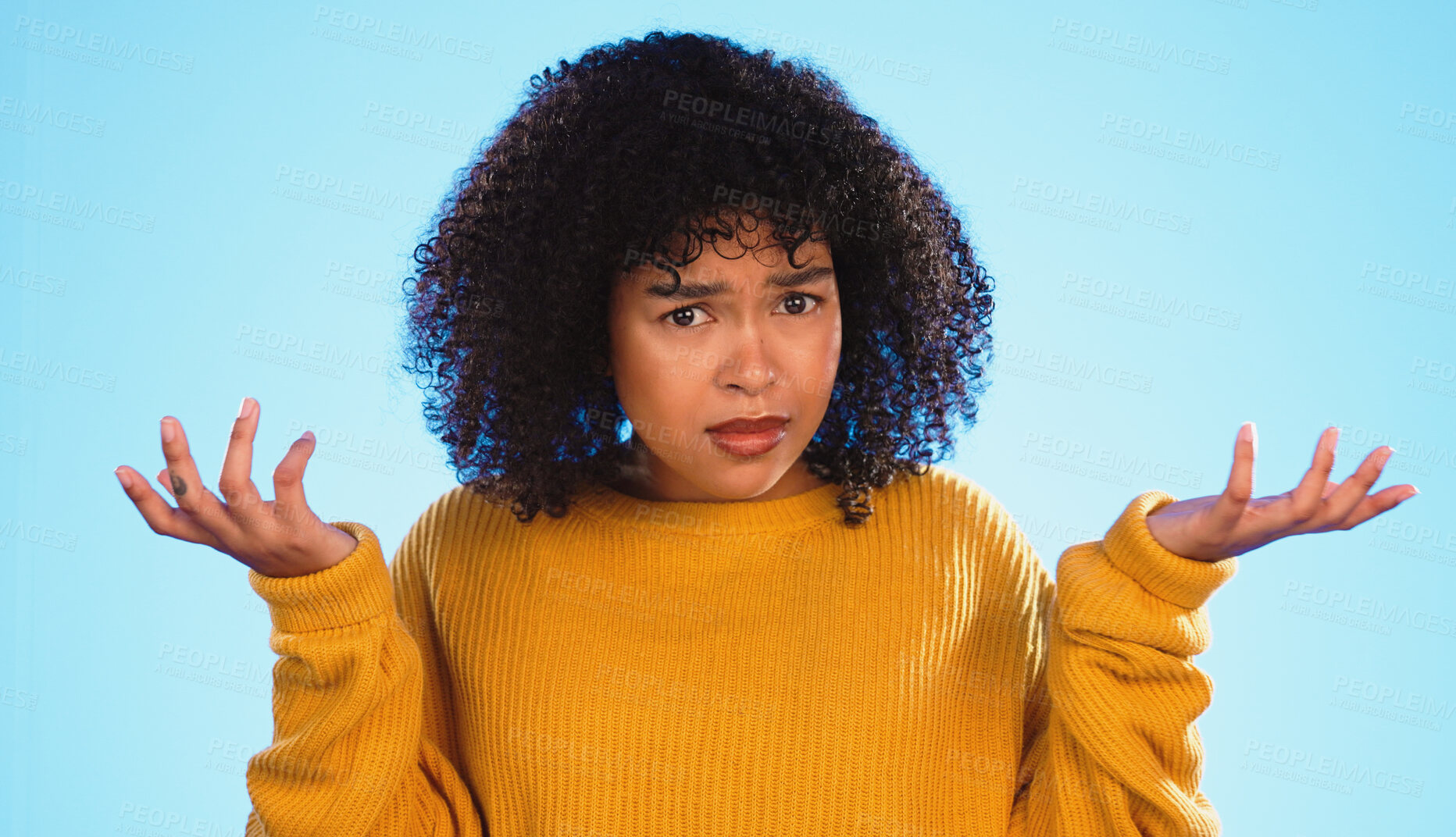 Buy stock photo Portrait, confused or woman with shrug, doubt and facial expression on blue studio background. Face, person or model with emotion, emoji or why with reaction, decision or unsure with option or choice