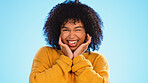 Face, celebration and black woman excited, smile and success with girl on a blue studio background. Portrait, African American female and lady with happiness, winning and victory with joy or cheerful
