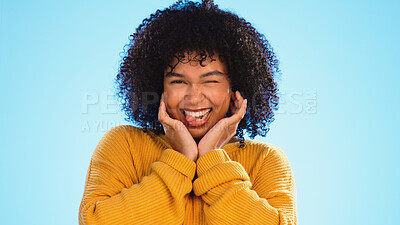 Buy stock photo Silly, black woman and happy portrait with excited winner or success, celebration and girl on blue background in studio. Model, face or smile of happiness for winning, lottery and giveaway mockup