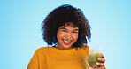 Green juice, black woman and healthy fruit smoothie of a person drinking weight loss drink. Glass, studio background and female sip a vegetable, nutrition and detox shake for health and wellness
