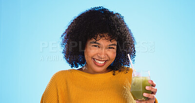 Green juice, black woman and healthy fruit smoothie of a person drinking weight loss drink. Glass, studio background and female sip a vegetable, nutrition and detox shake for health and wellness