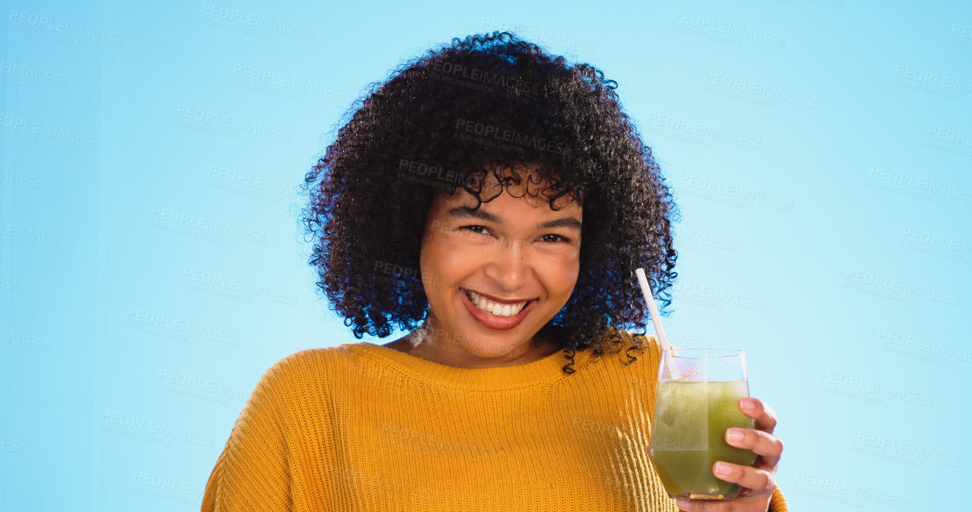 Buy stock photo Health, smoothie and portrait of woman with green juice for weight loss isolated in studio blue background. Wellness, breakfast and young person with vegetable diet and detox shake as nutrition