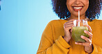 Health juice, black woman and healthy green smoothie of a person drinking weight loss drink. Mockup, studio background and female with vegetable, nutrition and detox shake for nutritionist wellness