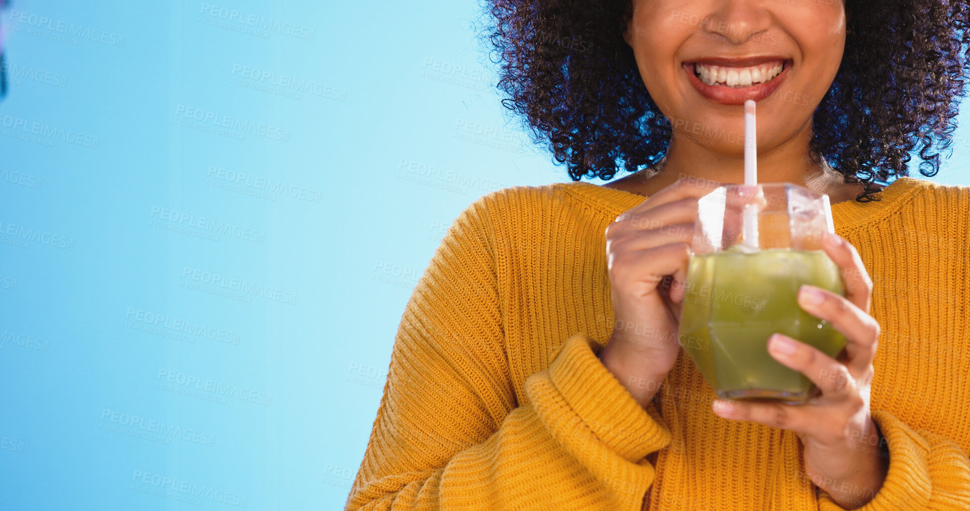 Buy stock photo Health, smoothie and woman with green juice drinking weight loss drink isolated in studio blue background. Wellness, breakfast and young person with vegetable, nutrition and detox shake for diet