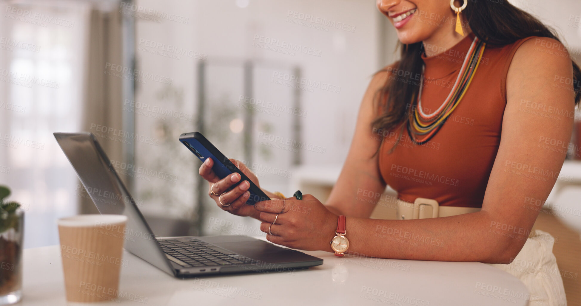 Buy stock photo Hands, laptop and phone in coffee shop, texting and remote work for copywriting, woman and morning. Person, smartphone and cafe for click, scroll or research for freelance content creation on website