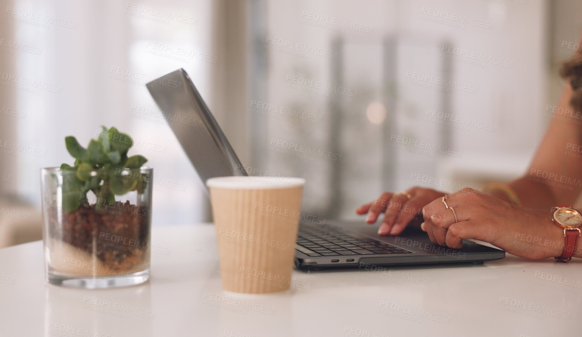 Buy stock photo Hands, laptop and typing in coffee shop, closeup and remote work for copywriting, woman and morning. Computer, person and cafe with click, scroll or research for freelance content creation on website