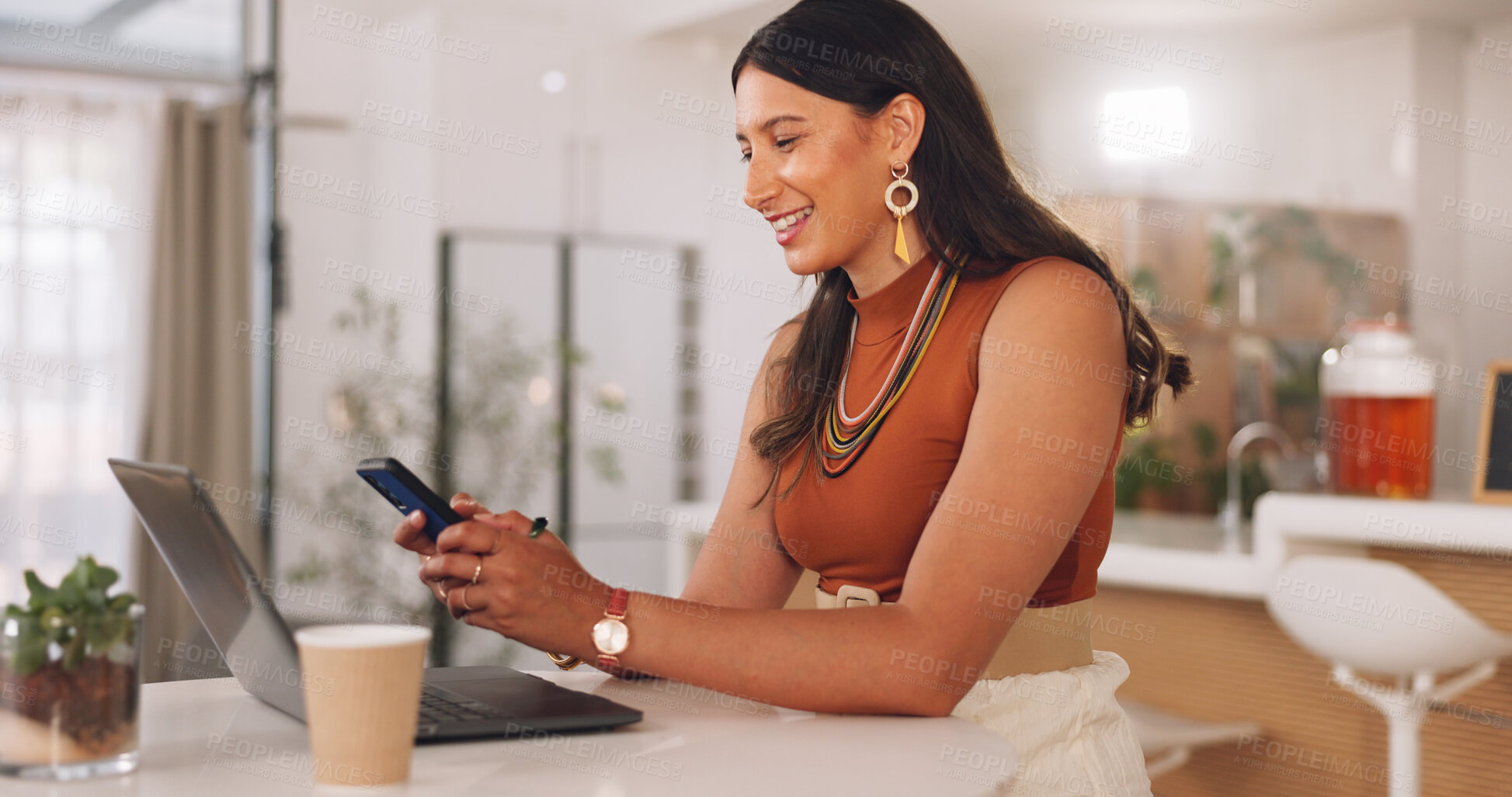 Buy stock photo Woman, laptop and phone in coffee shop, texting or remote work for copywriting, reading or morning. Person, smartphone and cafe for click, scroll or research for freelance content creation on website