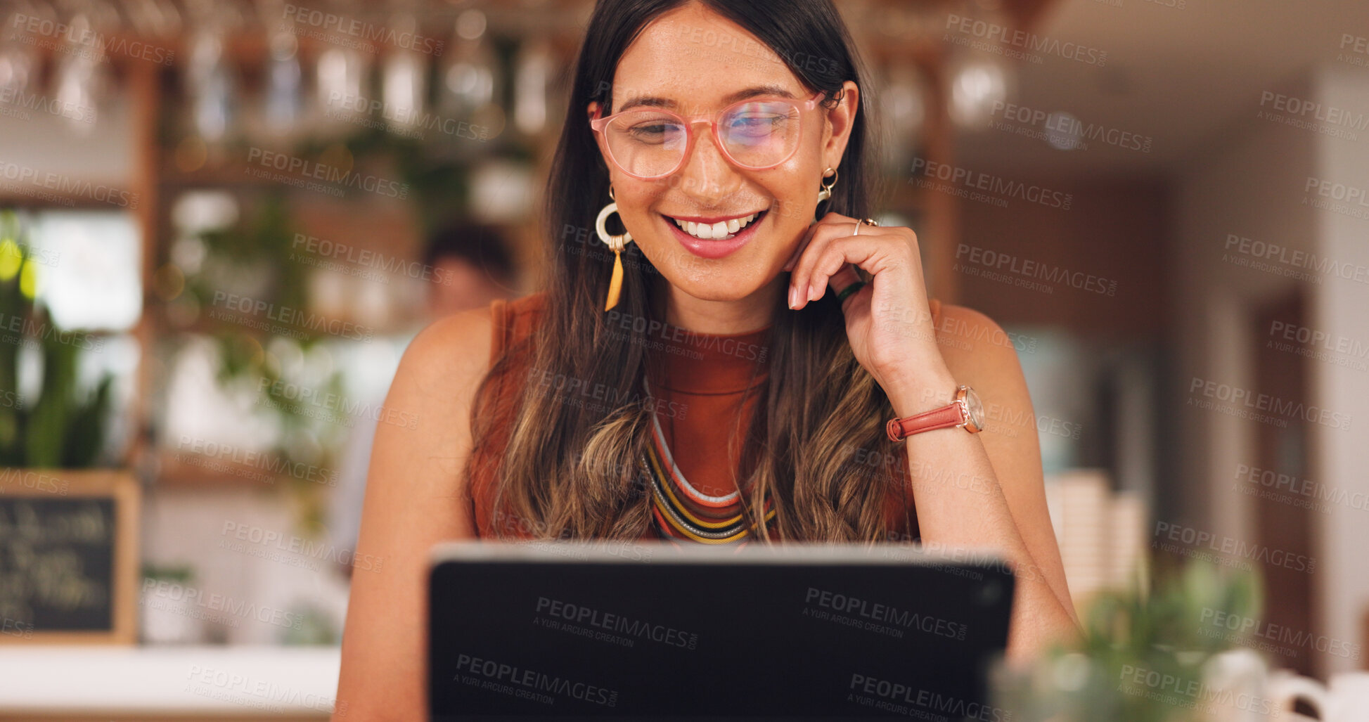 Buy stock photo Laptop, freelance and happy woman in coffee shop with glasses, online research career and smile. Communication, technology and remote work, girl in cafe at computer, virtual assistant and internet.