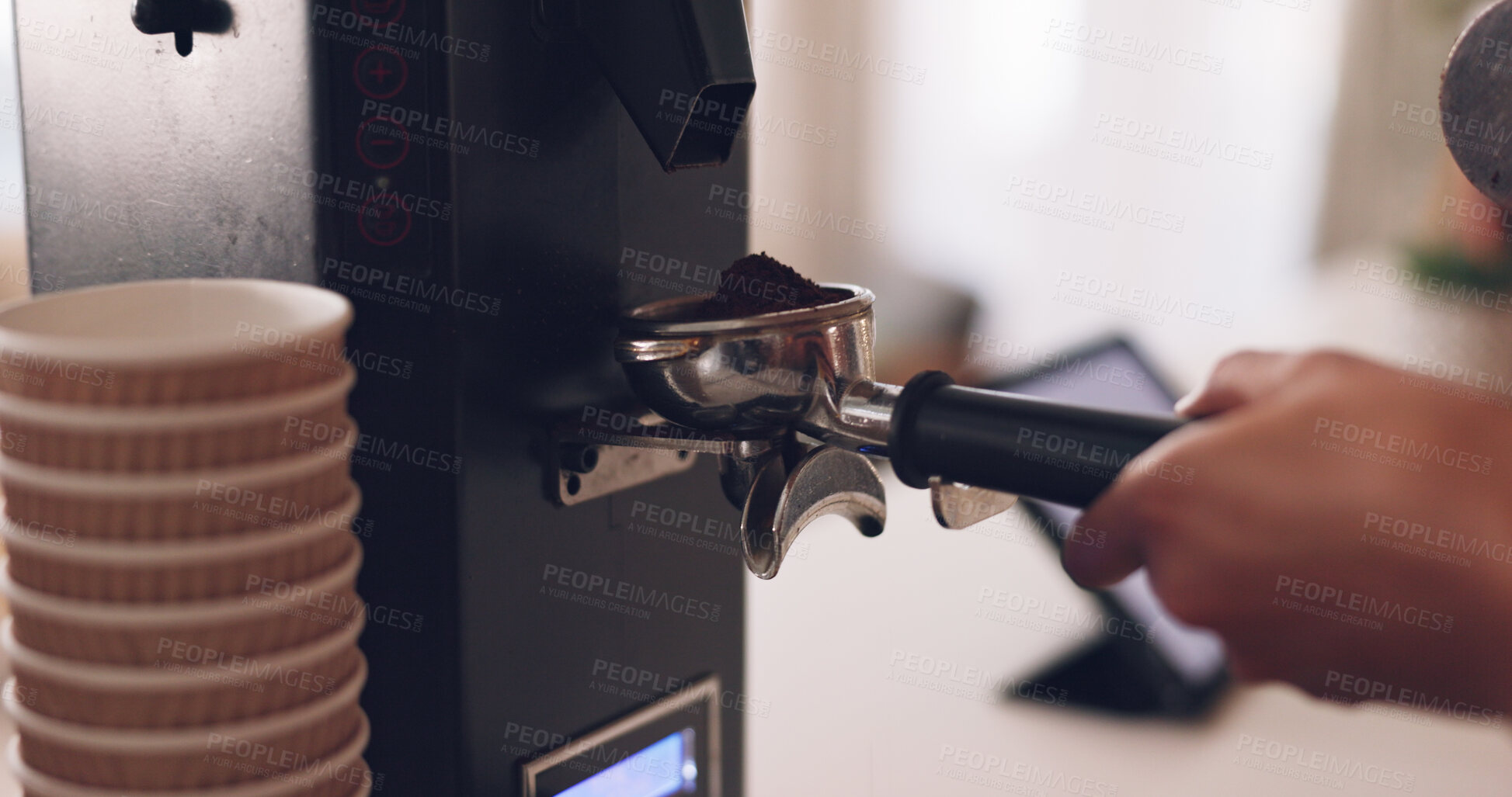 Buy stock photo Coffee machine, barista hand or beans in cafe closeup to prepare latte, hot beverage or espresso drink. Service, waiter or person working in restaurant and brewing process, premium blend caffeine