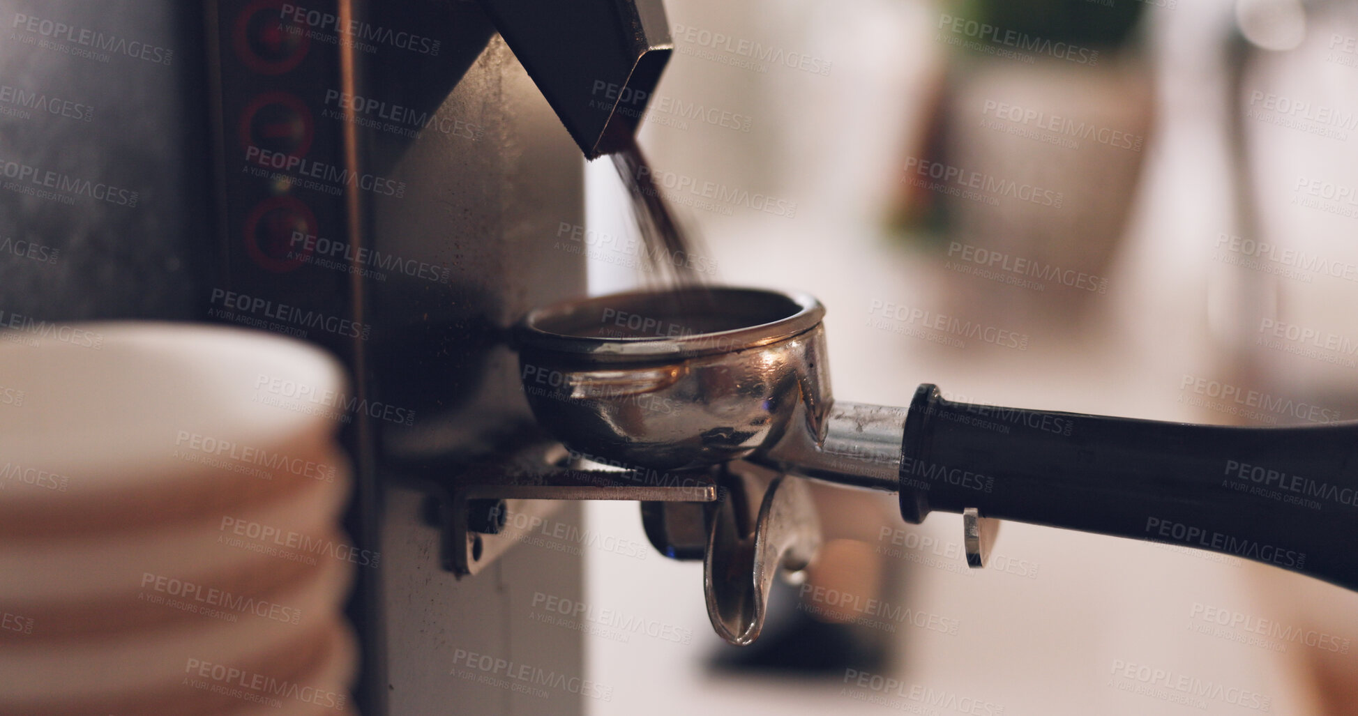 Buy stock photo Store, shop or coffee machine in cafe closeup to prepare latte, hot beverage or espresso drink. Service, background or equipment working in restaurant for brewing process or premium blend caffeine