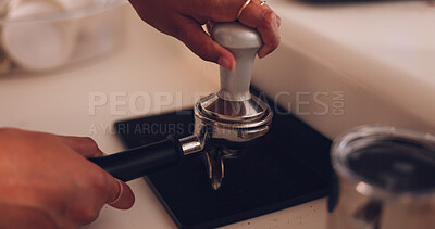 Hands, coffee press and filter for espresso to start morning for energy in home, kitchen or cafe. Woman, ready or preparation for drink, matcha or plunger at barista job, restaurant or small business