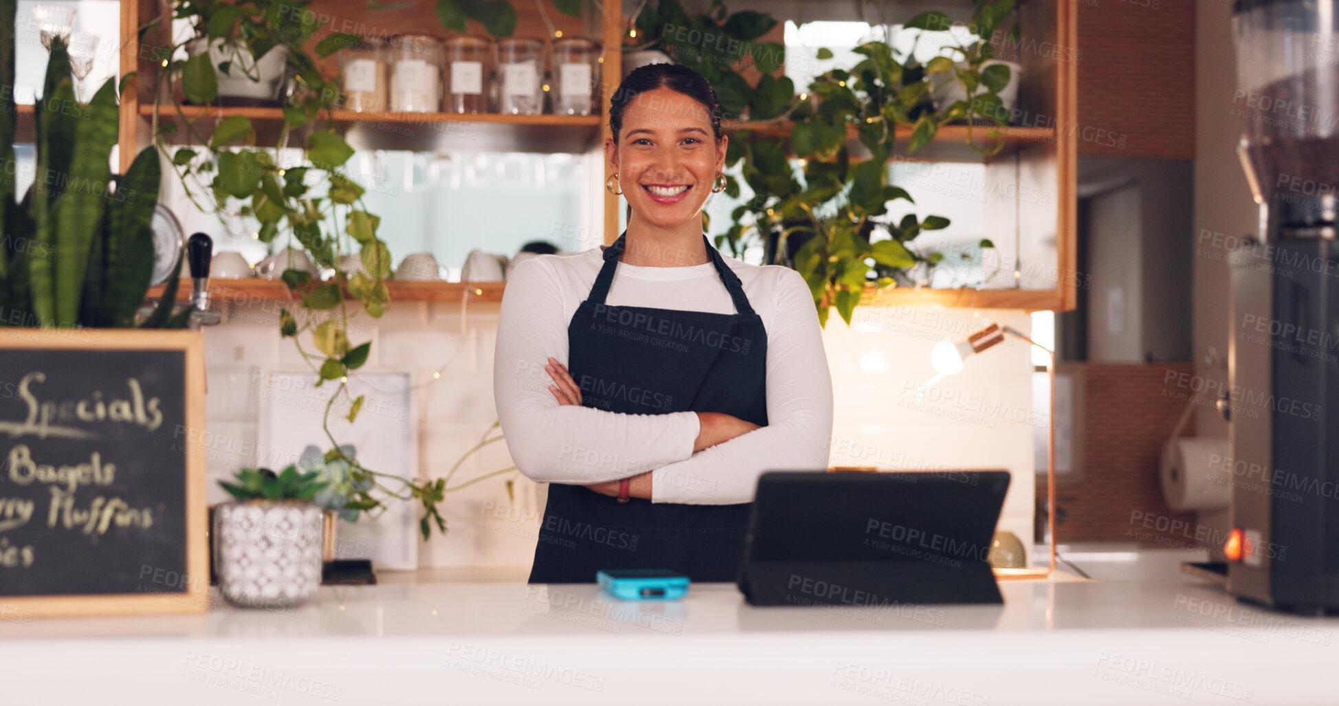 Buy stock photo Portrait, woman and barista with arms crossed and smile with confidence from small business waitress in cafe. Female employee or happy entrepreneur at restaurant and coffee shop ready for working