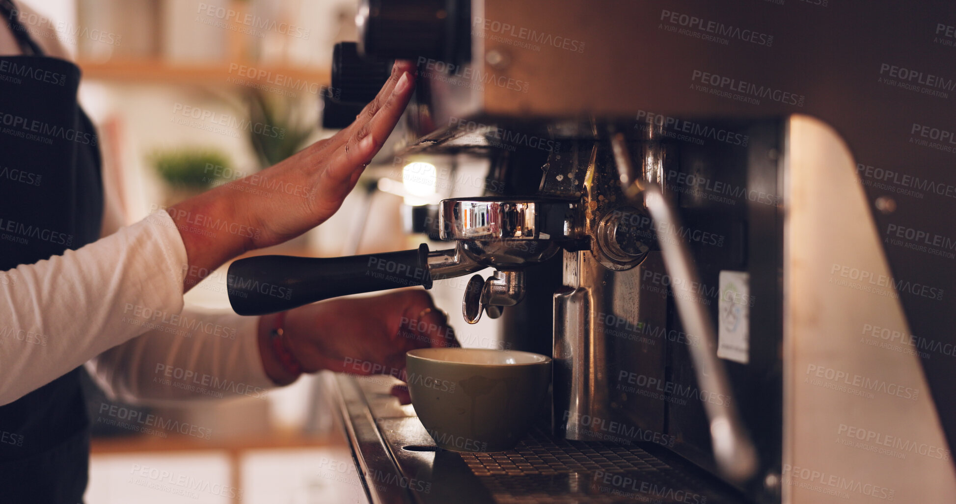 Buy stock photo Coffee machine, cup or hands of barista in cafe closeup to prepare latte, beverage or espresso drink. Service job, waiter or person working in restaurant for brewing process, premium blend caffeine