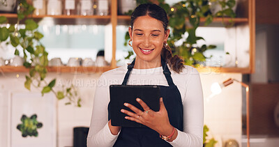 Happy woman or barista on tablet for small business owner, social media update and startup sales promotion. Waitress or retail person laugh on digital technology for coffee shop or restaurant online
