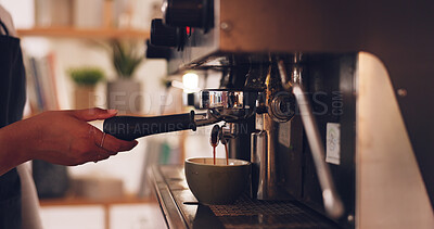 Coffee machine, barista hands and woman in cafe, prepare latte or espresso drink with service and premium blend caffeine. Hot beverage, person working in restaurant and cup with brewing process