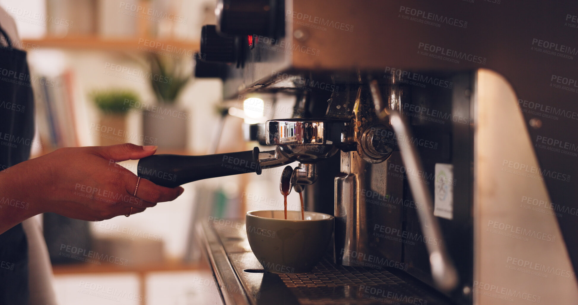 Buy stock photo Coffee machine, shop or hands of barista in cafe closeup to prepare latte, beverage or espresso drink. Service job, waiter or person working in restaurant for brewing process, premium blend in cup