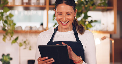 Cafe barista or happy woman on tablet for ecommerce, online services and restaurant sales promotion. Small business owner, waitress or retail person on digital technology for coffee shop or cafeteria