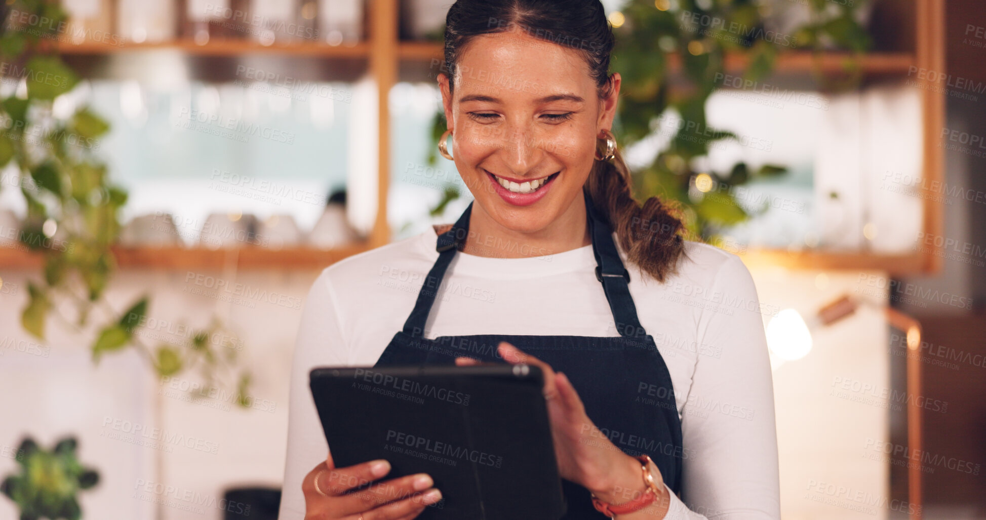 Buy stock photo Barista, woman and business owner on tablet for cafe management, online inventory or e commerce in store. Entrepreneur, waitress or cashier on digital technology for restaurant or coffee shop startup